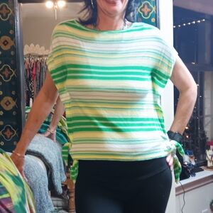 C Vibrant Green and White Striped Short Sleeve Tee